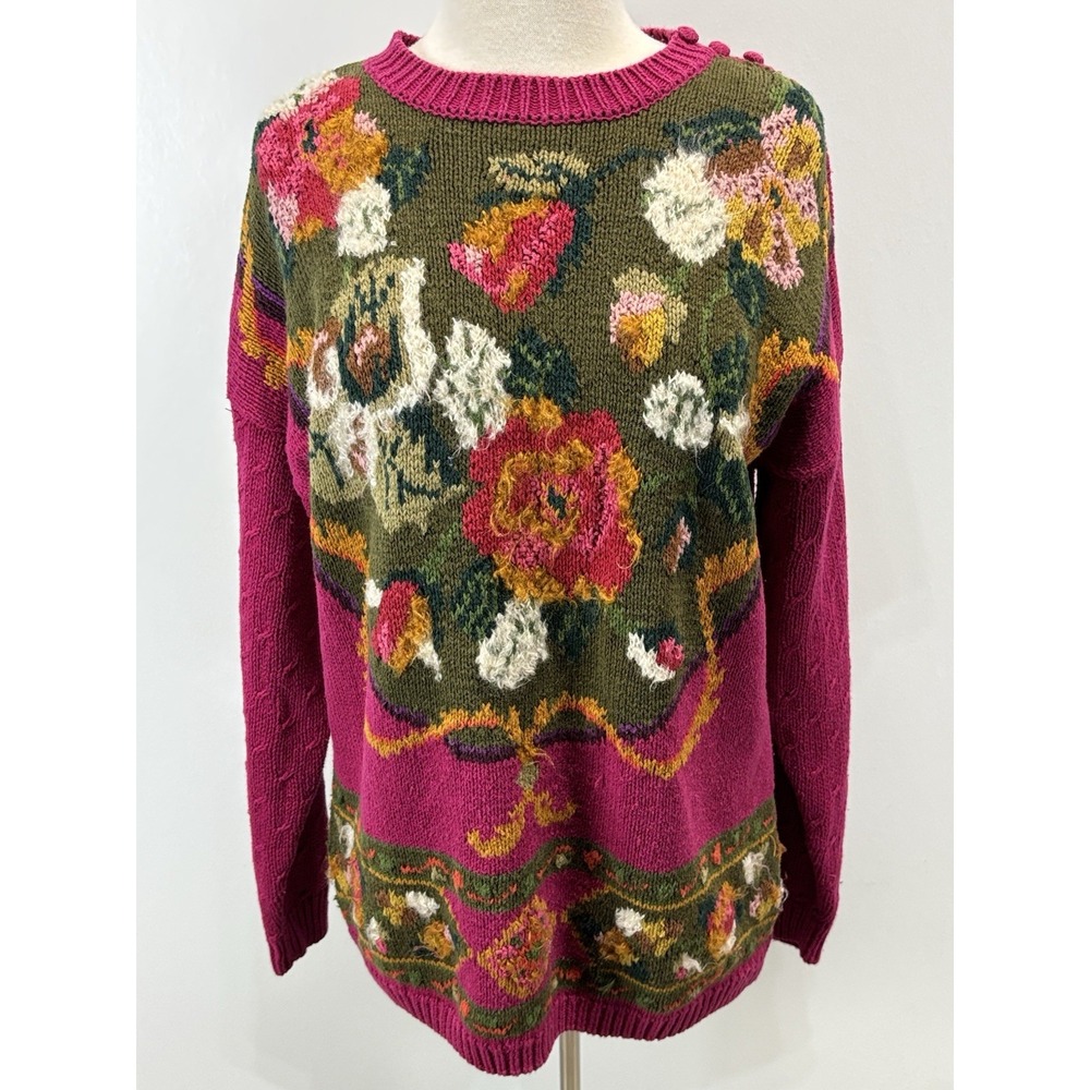 Vtg Michelle Stuart Studio Floral Sweater Medium Pink Chunky Fuzzy Knit Cottage